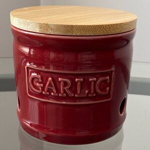 ONEMORE Red Ceramic Garlic Keeper with Wood Lid